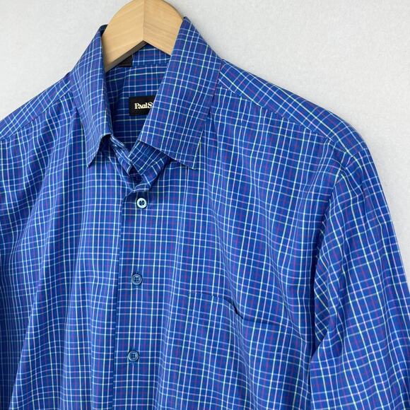 PAUL STUART Shirt Mens M Plaid Woven Button Up Long Sleeve Cotton Blue - Picture 7 of 16